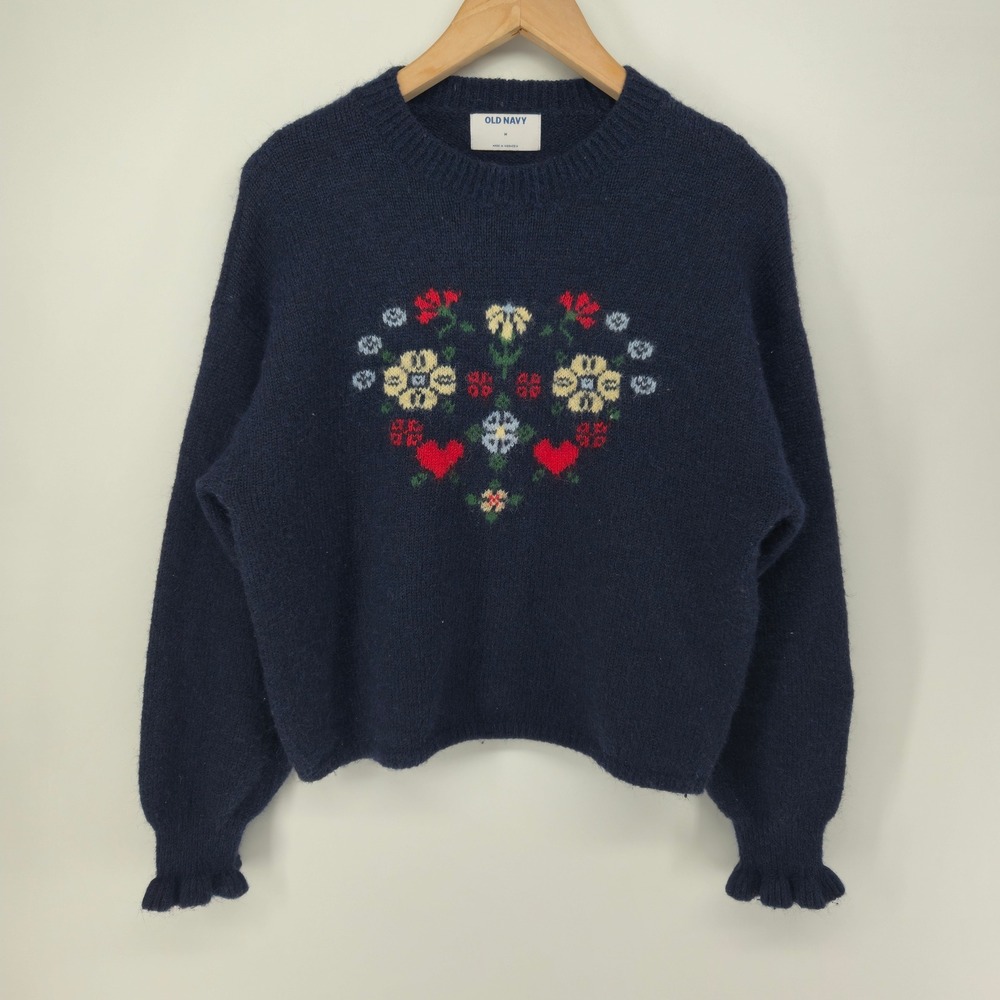Old Navy Sweater Womens Medium Navy Blue Floral Heart Ruffle Cuff Wool Blend